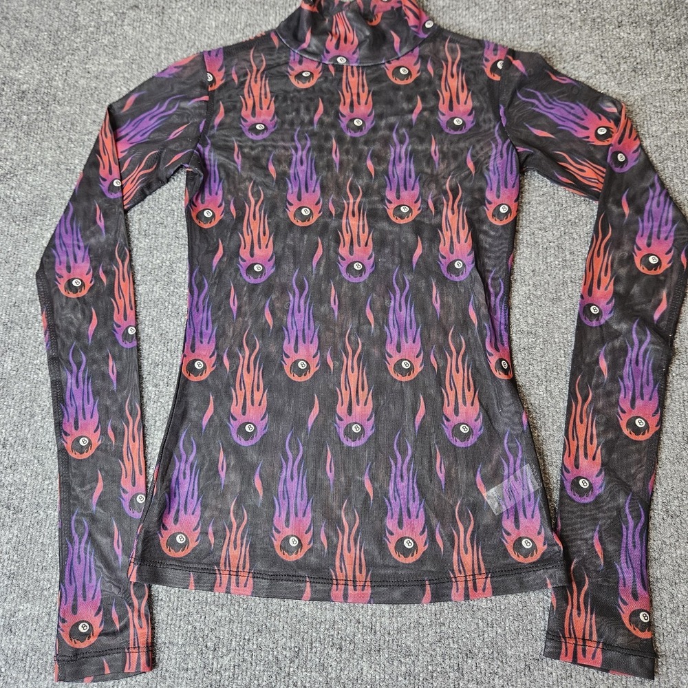 Current Mood Sheer Mesh Longsleeve Top Size XS Flames 8 Ball Mock Neck